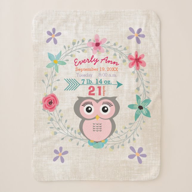 Pink Owl Baby Girl Stats Wasserfarbenkrez Sherpadecke (Vorderseite)