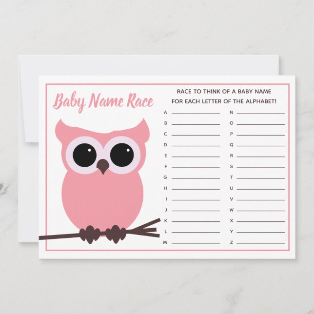 Pink Owl Baby Name Race Baby Duschspiel Einladung (Vorderseite)