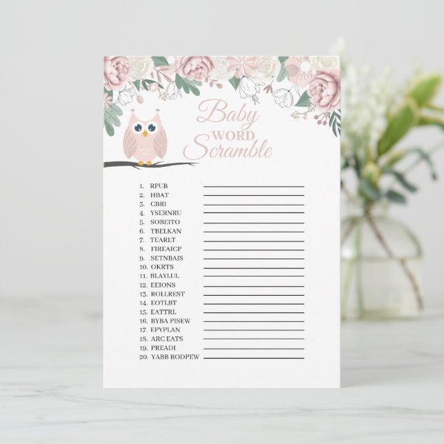 Pink Owl Blütenbaby Word Scramble Game Card Einladung (Stehend Vorderseite)