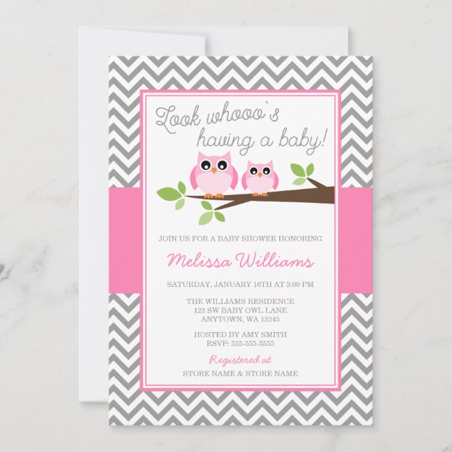 Pink Owl Grau Zickzack Girl Baby Dusche Einladung (Vorderseite)