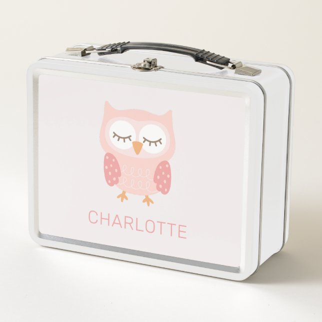 "Pink Owl", niedliche und skurrile Mädchen Metall Brotdose (Vorderseite)