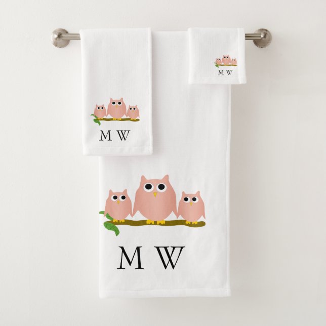 Pink Owls Design Monogramm Badhandtuch Set (Insitu)