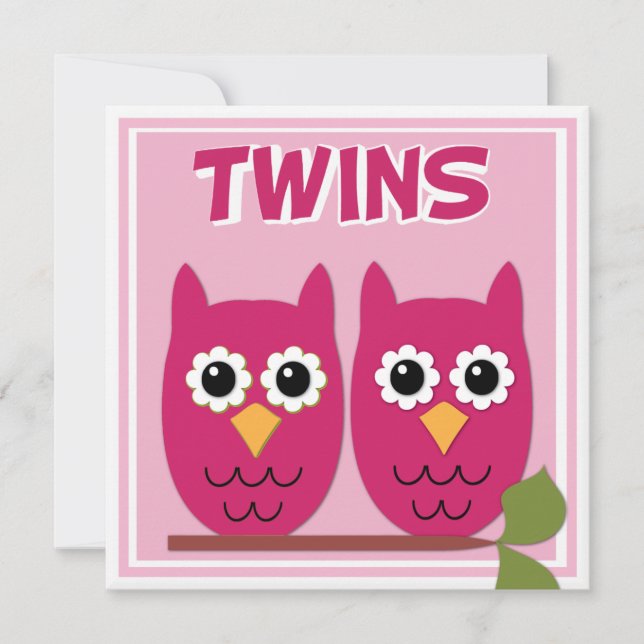 Pink Owls Twin Baby Dusche Einladung (Vorderseite)