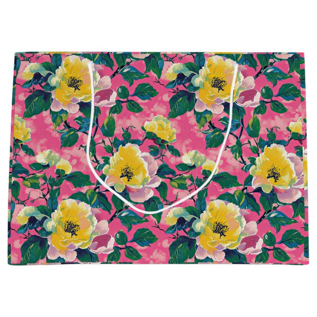 Pink Painted Chinoiserie Floral Große Geschenktüte (Vorderseite)