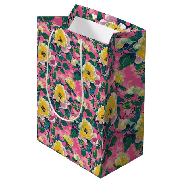 Pink Painted Chinoiserie Floral Mittlere Geschenktüte (Rückseite Schrägansicht)