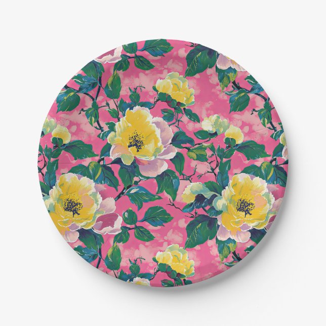 Pink Painted Chinoiserie Floral Pappteller (Vorderseite)