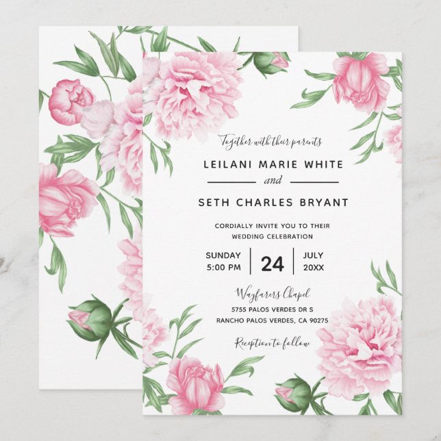 Pink Painted Floral Peonies Hochzeit Einladung (Vorne/Hinten)