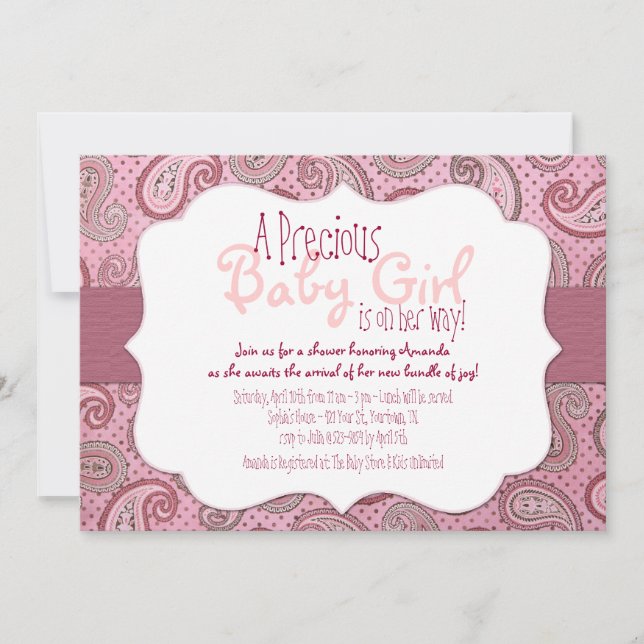 Pink Paisley Baby Girl Dusche Einladung (Vorderseite)