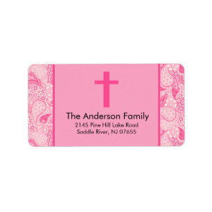 Pink Paisley Cross Religious Baptism Address Label Adressaufkleber