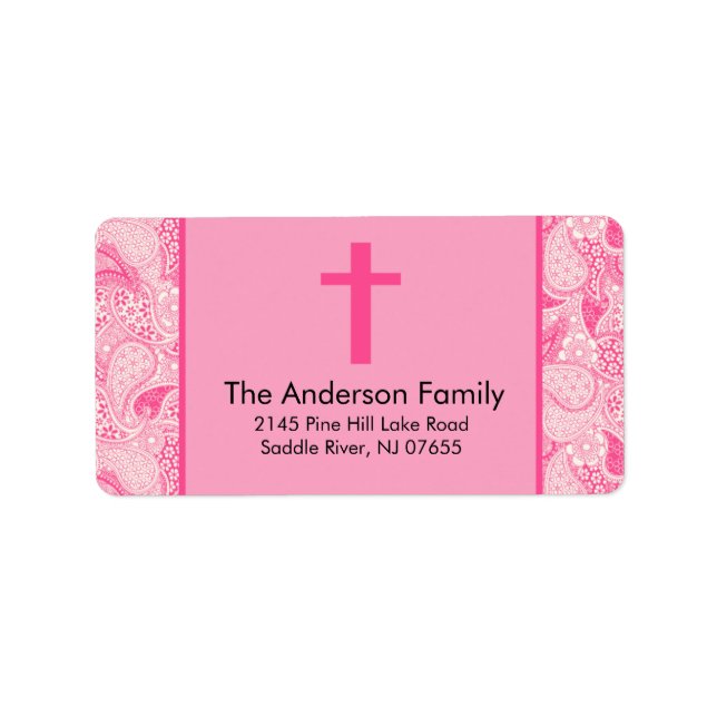 Pink Paisley Cross Religious Baptism Address Label Adressaufkleber (Vorne)