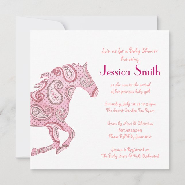 Pink Paisley Horse Babydusche Einladung (Vorderseite)