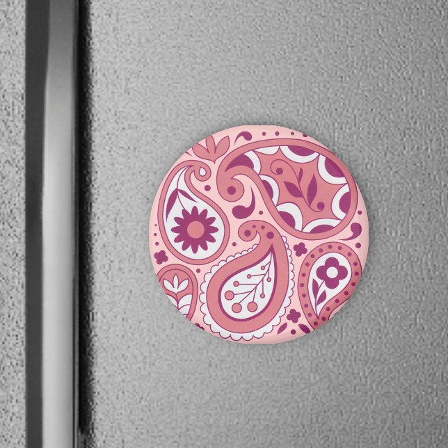 Pink Paisley Magnet (Pretty pink paisley design lace flowers on abstract round magnet.)