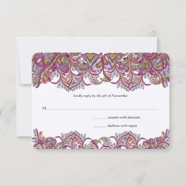 Pink Paisley Peacock Wedding RSVP (Vorderseite)