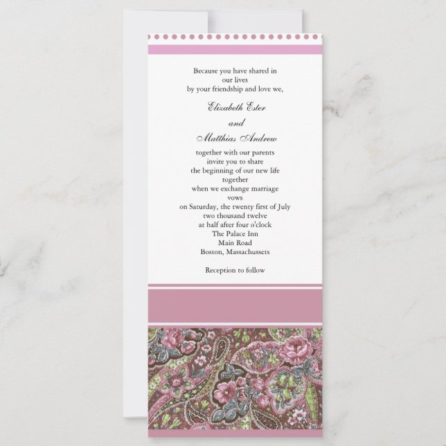 Pink Paisley Wedding Einladung (Vorderseite)