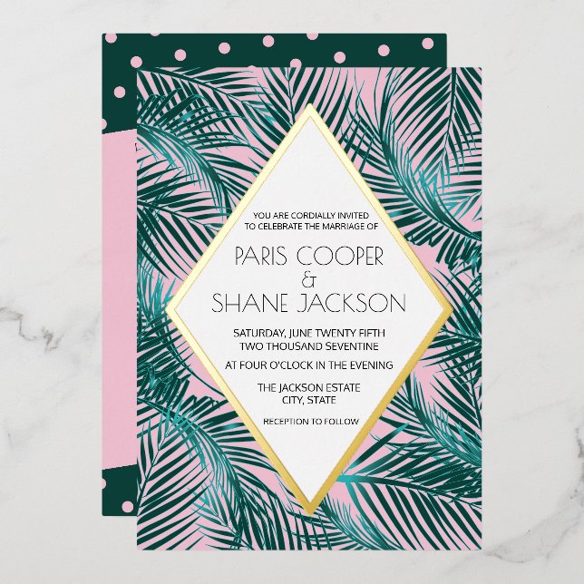 Pink Palm Deco Mariage Gold Foil Invitation (Recto/Verso)