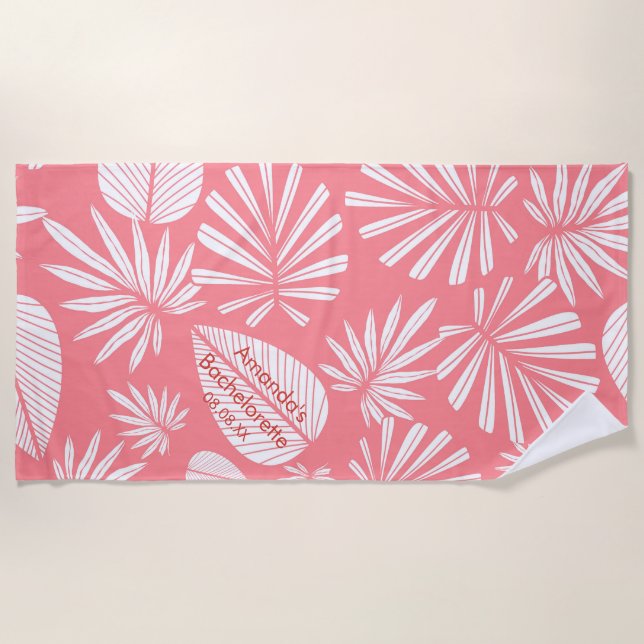 Pink Palm Leaf Junggeselinnen-Abschied Personalisi Strandtuch (Vorderseite)