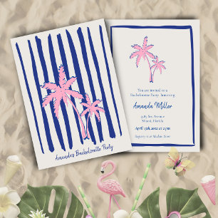 Pink Palm Pair auf Blue Stripes Junggeselinnen-Abs Einladung