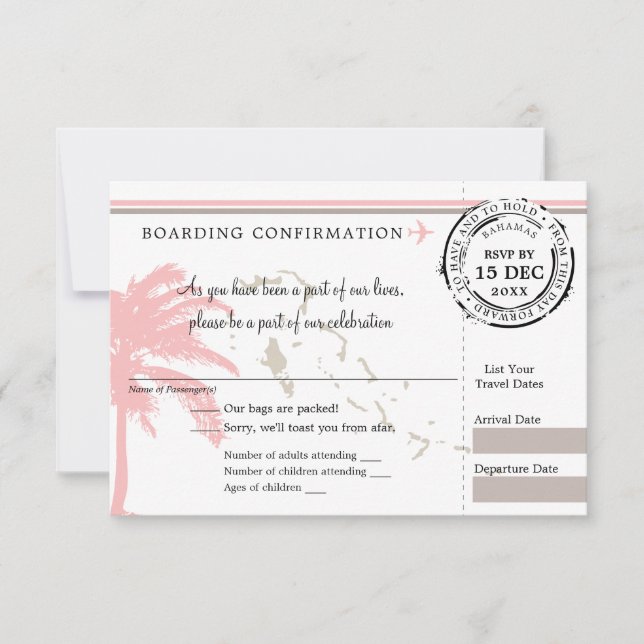 Pink Palm Tree Bahamas Boarding Pass Wedding RSVP Karte (Vorderseite)