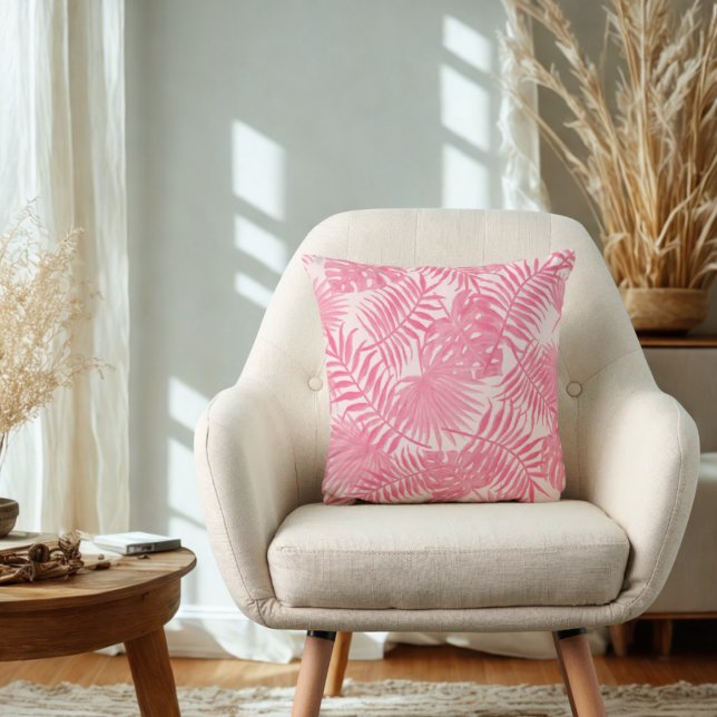 Pink Palm Tree & Monstera Tropical Ästhetik Boho Kissen (PInk aesthetic tropical leaves throw pillow)