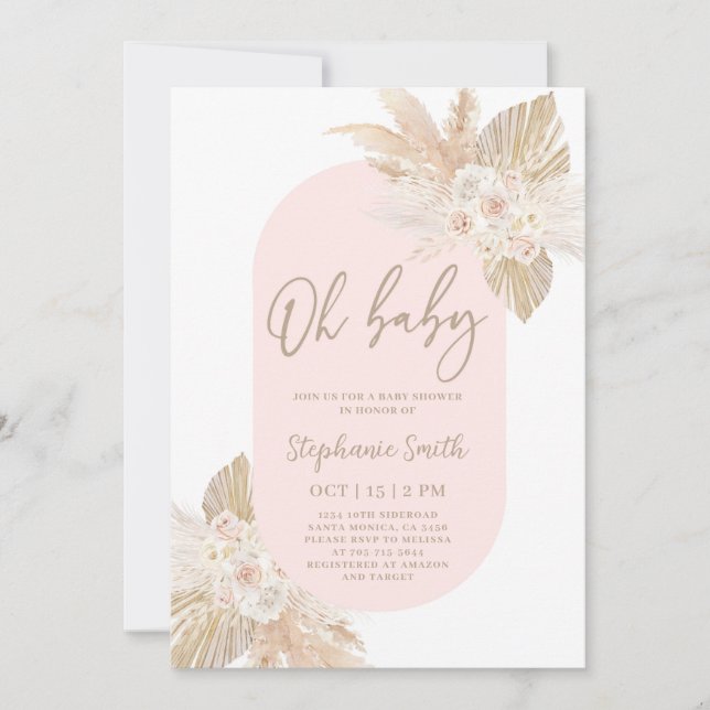 Pink Pampas Baby Shower Girl Einladung (Vorderseite)