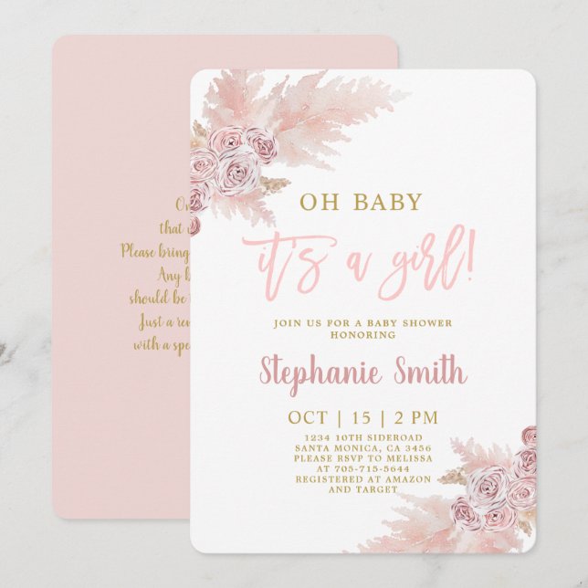 Pink Pampas Grass Baby Shower Girl Einladung (Vorne/Hinten)