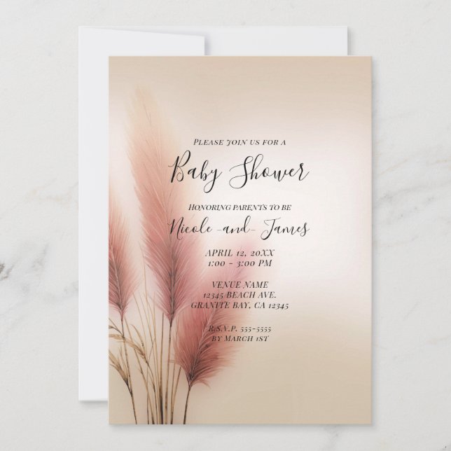 Pink Pampas Grass Bohemisch Boho Babydusche Einladung (Vorderseite)