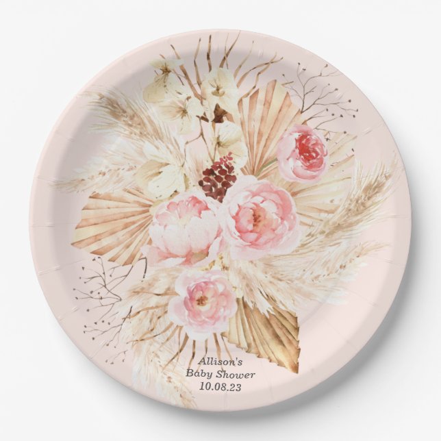 Pink Pampas Grass Boho Floral Baby Girl Dusche Pappteller (Vorderseite)