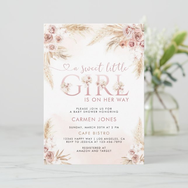 Pink Pampas Grass Boho Girl Kinderdusche Einladung (Stehend Vorderseite)