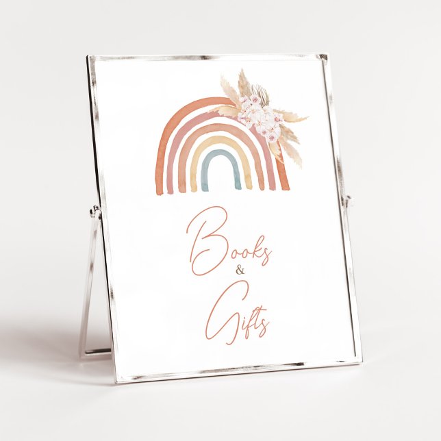 Pink Pampas Grass Boho Regenbogen Bücher und Gesch Poster (Girl Boho Rainbow Baby Shower Books and Gifts Sign)