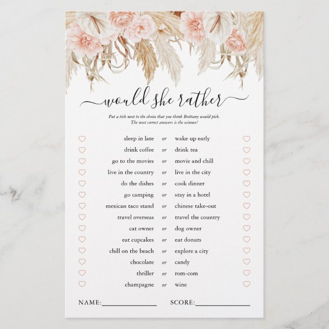 Pink Pampas Grass Brautparty Game (Vorderseite)