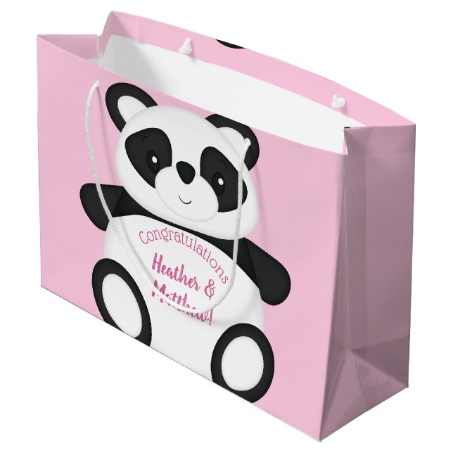 Pink Panda Bear Baby Dusche Große Geschenktüte (Rückseite Schrägansicht)