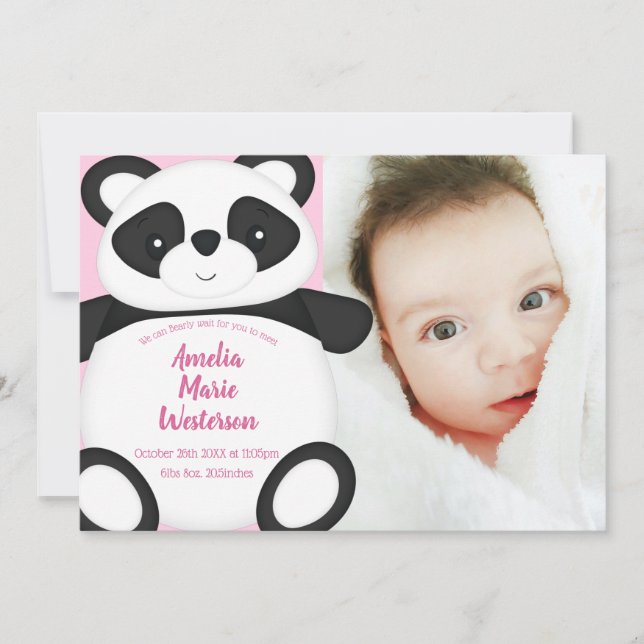 Pink Panda Bear Baby Geburtsankündigung Einladung (Vorderseite)