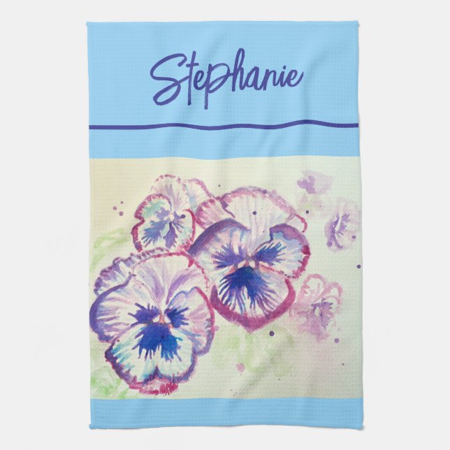 Pink Pansy Aquarell Womens Pale Pink Blue Geschirrtuch (Vertikal)