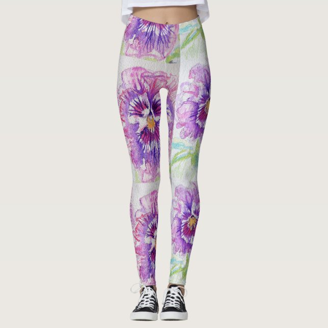 Pink Pansy Floral Wasserfarbe Leggings (Vorderseite)