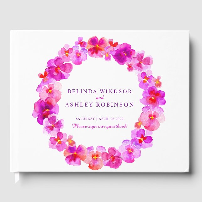 Pink pansy Kranz Aquarell Hochzeitsgast-Buch Gästebuch (Vorderseite)