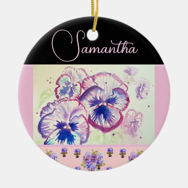 Pink Pansy Stiefmütterchen Wasserfarben Blume Flor Keramik Ornament (Vorne)