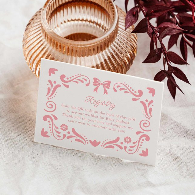 Pink Papel Picado Baby Dusche Registrierung QR Cod Begleitkarte (Girl Fiesta Baby Shower Registry Card)