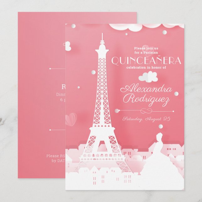 Pink Paper Paris Quinceañera Einladung (Vorne/Hinten)