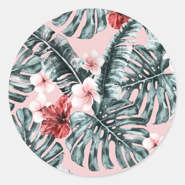 Pink Paradise Tropical Island Floral Botanical Runder Aufkleber (Vorderseite)