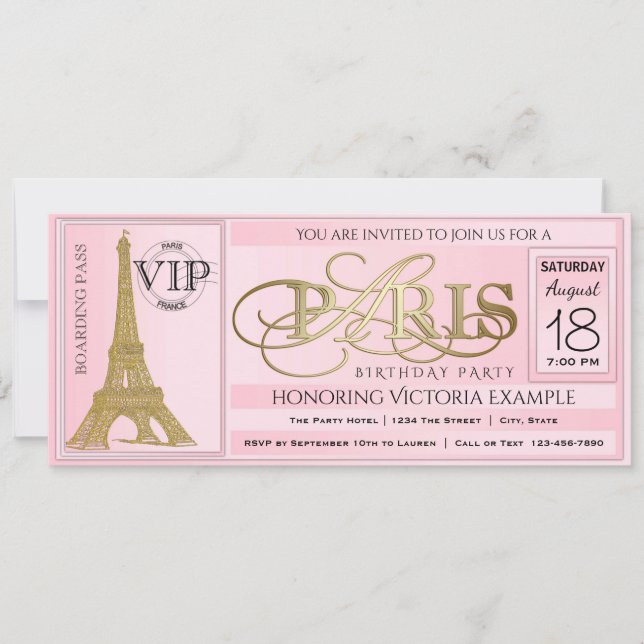 PInk Paris Birthday Party Ticket Einladung (Vorderseite)