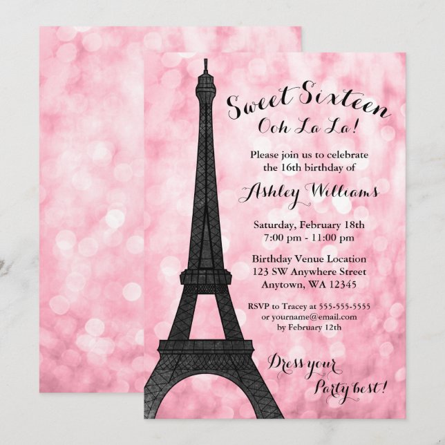 Pink Paris Bokeh Glitzer Lights Sweet 16 Einladung (Vorne/Hinten)