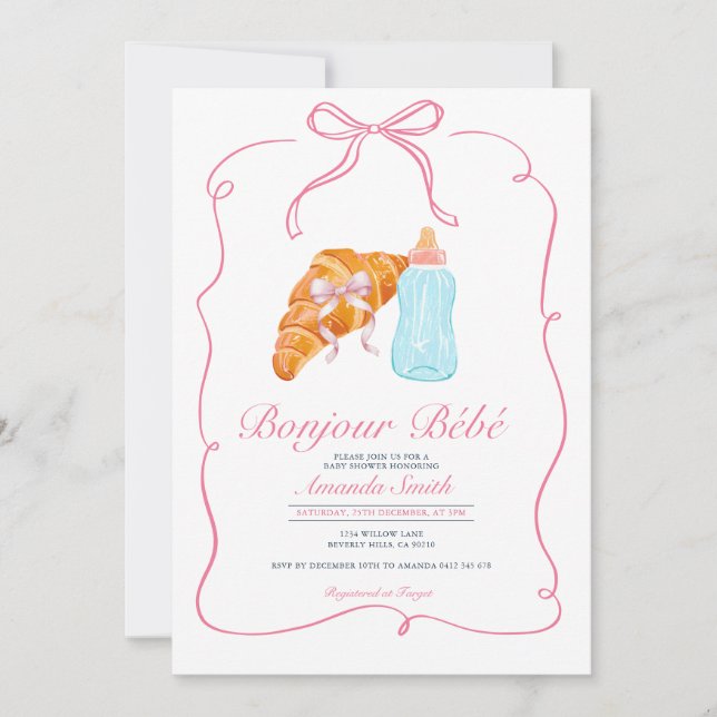 Pink Paris Bow French Croissant Cafe Baby Shower Einladung (Vorderseite)