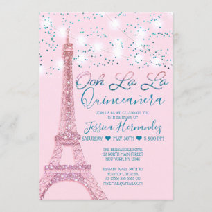 Pink Paris Eiffel Tower Glitzer Lights Quinceañera Einladung