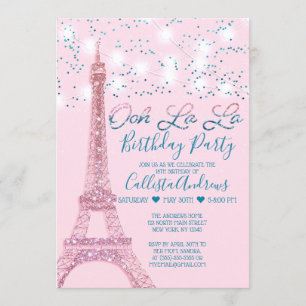 Pink Paris Eiffelturm Glitzer Geburtstag Einladung