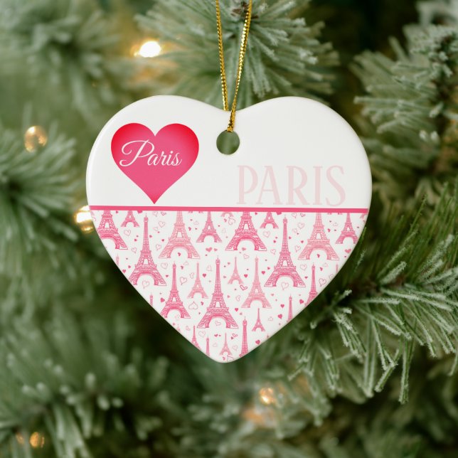 Pink Paris Herz Eiffel Tower Pattern Chic Keramik Ornament (Baum)