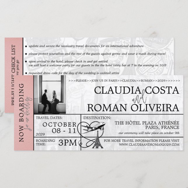Pink Paris Mariage Boarding Pass Invitation (Devant / Derrière)