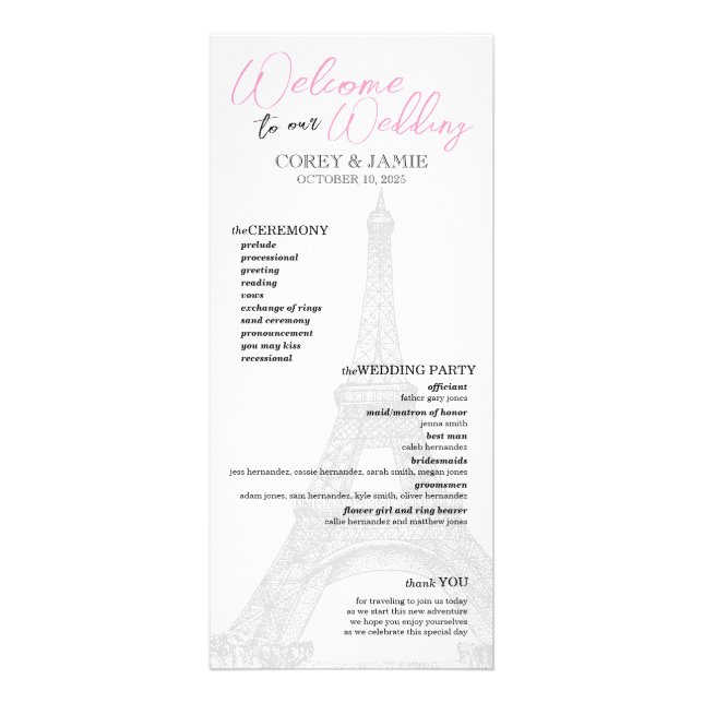 Pink Paris Passport Hochzeitsprogramm Werbekarte (Vorne)