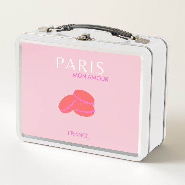Pink Paris Reisen Kunst Preppy Macarons Metall Brotdose (Vorderseite)
