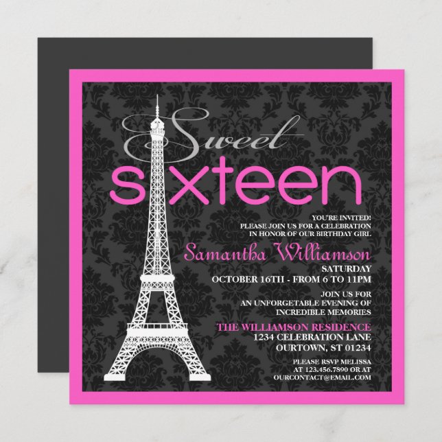 Pink Paris Sweet 16 Invitations (Devant / Derrière)