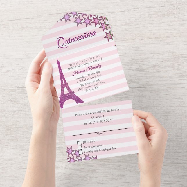 Pink Paris Themed Quinceañera All In One Einladung (Abreißen)